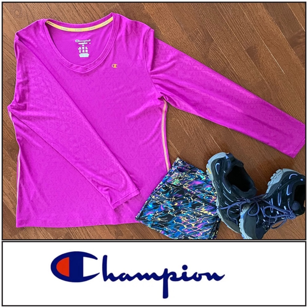 WOMENs V-NECK CHAMPION POWERTRAIN VAPOR PATTERNED PERFORMANCE LONG SLEEVE TEE